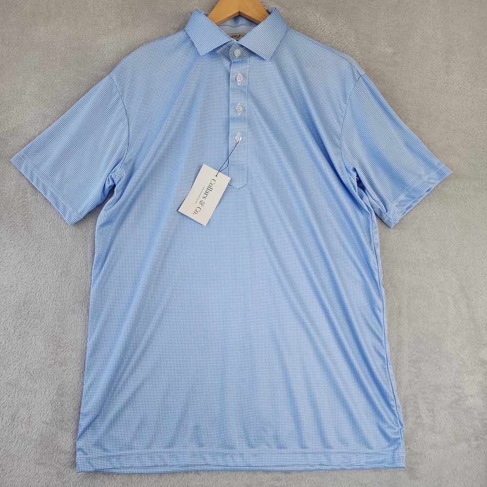 Collars & Co Polo Shirt Mens Size 2XL Blue Houndstooth Semi Spread Travel NEW